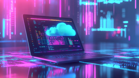 A high tech environment with a laptop displaying virtual data being downloaded from the cloud, alongside a touch screen that visualizes the transfer process in bright neon colors.の素材