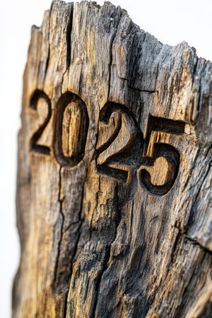 The year 2025 formed from rough wood, with a natural grain texture, standing out against a bright white background.の素材