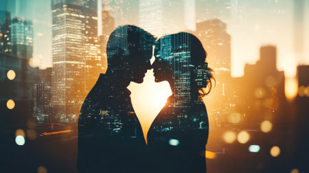 A romantic double exposure image of a loving couple's silhouette set against a backdrop of gleaming city skyscrapers, where love and urban dreams are intertwined in a visual representation of connection and ambition.の素材