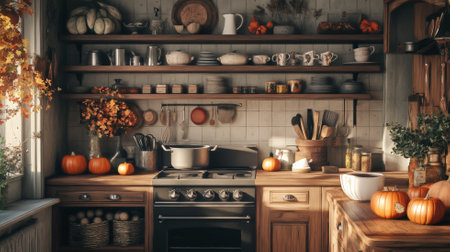 A cozy autumn wallpaper of a countryside cottage kitchen with earthy tones, featuring wooden shelves, a rustic stove, and pumpkins, filling the space with warmth and rustic charm.の素材