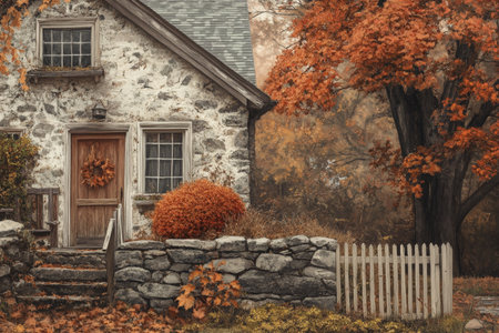A peaceful autumn farmhouse scene with weathered wood, stone walls, and warm hues of chestnut and copper, evoking a feeling of coziness and homely comfort in a cottage setting.の素材
