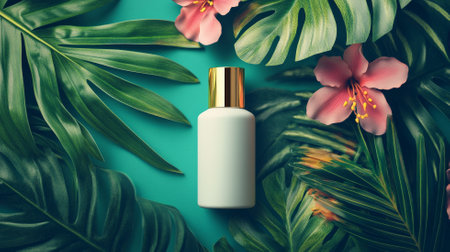 A sleek body soap bottle mockup featuring a luxurious gold cap, positioned against a vibrant tropical background filled with lush green palm leaves and bright flowers, creating a refreshing and exotic feel.の素材