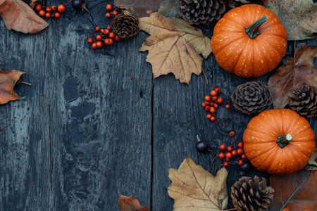 A rustic fall background with pumpkins, dried autumn leaves, pine cones, and berries on a weathered dark wood surface, creating a warm and inviting seasonal atmosphere.の素材