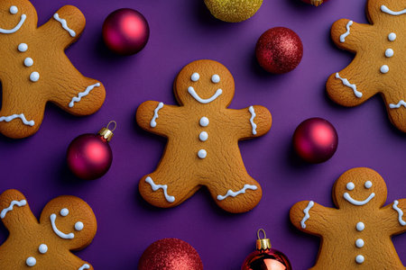 Highlight a cheerful top view of gingerbread men cookies on a dark purple background, elegantly arranged with bright yellow and red Christmas ornaments. The vibrant colors create a playful and festive arrangement.の素材