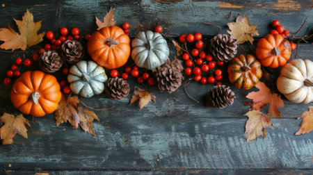A rustic autumn display with mini pumpkins, faded orange leaves, vibrant red berries, and pine cones scattered across an old, weathered dark wood surface.の素材