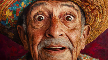 A Hispanic granddad with big, surprised eyes, his face filled with life and joy, each wrinkle telling a story in this vibrant and warm close up portrait.の素材