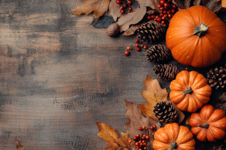 A rustic fall background with pumpkins, dried autumn leaves, pine cones, and berries on a weathered dark wood surface, creating a warm and inviting seasonal atmosphere.の素材