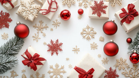 Golden snowflakes, red baubles, and New Year presents arranged on white paper, creating a vibrant Christmas and New Year celebration backdrop.の素材