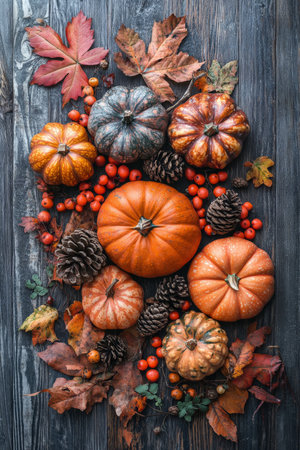 Various pumpkins, orange and red leaves, clusters of bright berries, and rustic pine cones, spread across a weathered dark wood table, creating a cozy autumnal feel.の素材