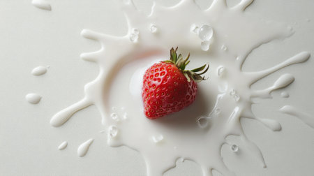 A single strawberry sinking into a creamy pool of milk, with splash droplets frozen above in various shapes and sizes, creating an artistic, minimalist composition on a white background.の素材