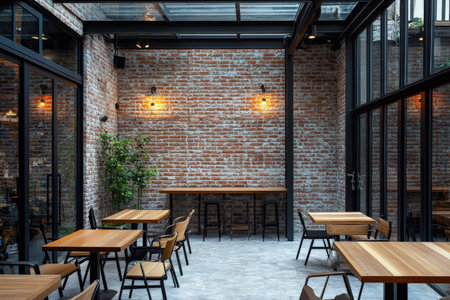 A minimalist coffee and milk tea shop features a sleek, industrial design with exposed brick walls and metal fixtures. Cozy outdoor seating with wooden tables and comfortable chairs invites customers to enjoy their beverages in a tranquil atmosphere.の素材