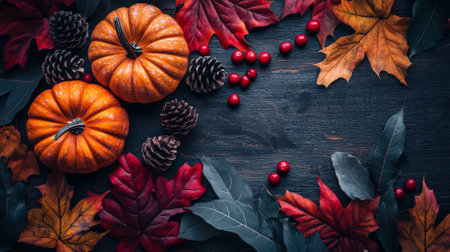A rustic fall background featuring pumpkins, red berries, and vibrant leaves resting on a dark, textured wooden surface, with pine cones adding to the cozy atmosphere.の素材