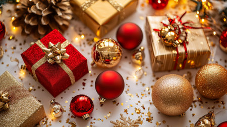 Luxurious golden and red Christmas decorations, with gifts and red baubles, laid out on white paper, evoking a festive and celebratory New Year atmosphere.の素材