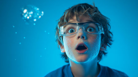 A Caucasian boy with a soot covered face, lab glasses perched on his nose, surprised by his science experiment, in front of a bright blue backdrop.の素材