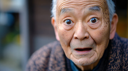 A Japanese granddad, wide eyed with surprise, his face lighting up with joy, captured in a close up portrait that reflects his calm yet curious nature.の素材