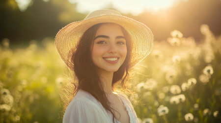 A happy Arabian woman in a sun hat, smiling as she walks through a sunny field, with the wide angle lens capturing the open space and bright sunlight.の素材