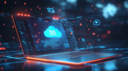 A futuristic laptop with a virtual touch screen interface, showing data being downloaded from cloud storage, holographic icons floating above the screen. Blue digital lines symbolize data transfer in the background.の素材