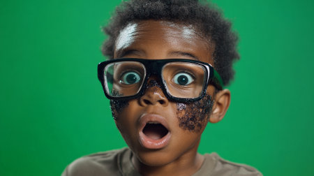 An African American boy with soot on his face and lab glasses, looking surprised, standing against a green background in a scientific setting.の素材