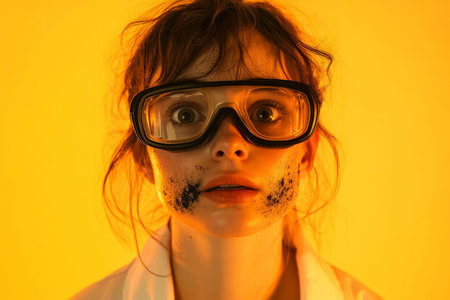 A Caucasian girl in lab glasses, soot smeared on her face, frozen in shock after an experiment, against a bright orange background.の素材