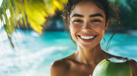 A smiling woman in a tropical setting pouring fresh coconut water from a green coconut, with a turquoise sea and coconut trees swaying in the background.の素材