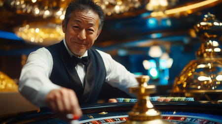 A middle aged Japanese male croupier skillfully spinning the roulette wheel in a casino lit with elegant blue and gold tones, exuding professionalism and charm.の素材