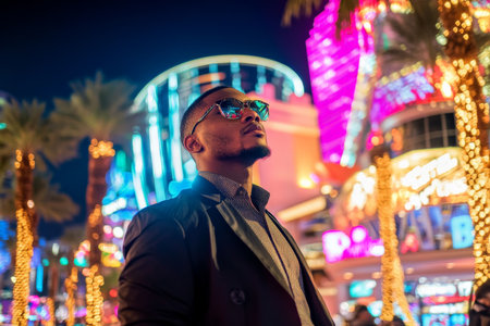 An African American young adult stands in front of a lavish casino on the Vegas Strip, radiating confidence in his stylish attire. The vibrant neon lights and bustling nightlife set the scene, with palm trees framing the modern architecture.の素材