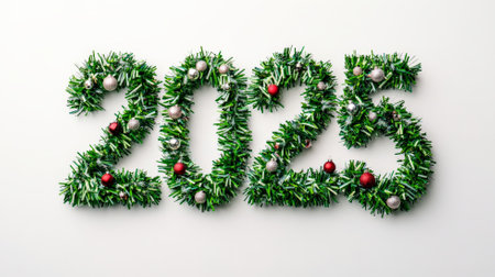 The year 2025 intricately shaped from vibrant green Christmas garlands, adorned with tiny ornaments, resting on a crisp white background.の素材