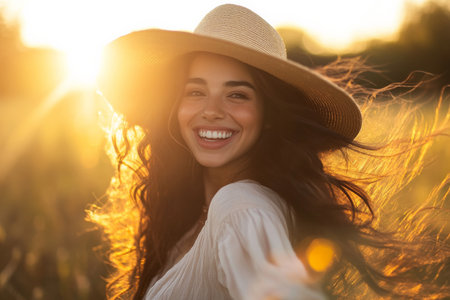 A laughing Hispanic woman in a wide brimmed hat, twirling in a sunlit field, surrounded by golden sunlight, and captured with a wide angle lens.の素材
