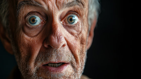 A Caucasian granddad with big, beautiful eyes, caught in a moment of pure surprise, his face full of character and age, showing joy and wonder in this detailed close up portrait.の素材