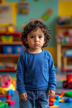 A 3 year old Hispanic child standing alone, looking confused and unsure in a colorful kindergarten classroom, toys scattered around, distant from other children.の素材