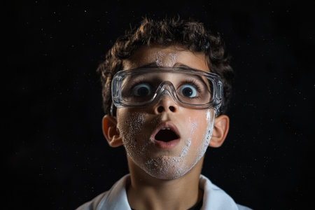 Brazilian boy scientist with soot on his face, standing in front of a black backdrop, his expression one of amazement and curiosity.の素材