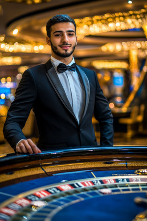 A young adult Arabian croupier stands confidently behind the roulette table, his sharp tuxedo illuminated by the blue and gold tones of the stylish casino.の素材