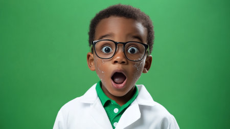 Surprised little Black boy scientist with a soot-smeared face, wearing lab glasses, standing against a green background, his expression one of shock and excitement.の素材