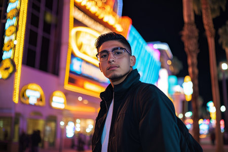A young adult Hispanic man poses confidently outside a glamorous casino, with iconic Las Vegas neon lights illuminating the scene. The clear night sky complements the modern architecture, creating an exciting atmosphere filled with energy.の素材