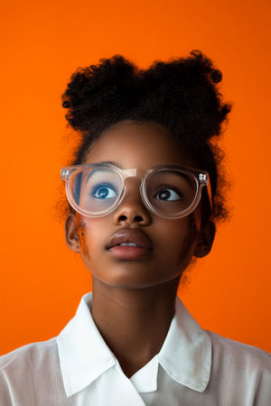 African American girl scientist with soot-smeared cheeks, wide-eyed behind her lab glasses, standing in front of an orange studio background.の素材