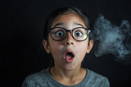 Hispanic girl with soot on her face and lab glasses on, standing against a black backdrop, her expression one of surprise and delight.の素材