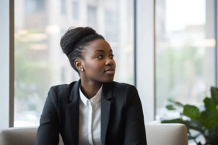A young African American bank manager attentively listening to a client in a sleek, modern office. The environment exudes professionalism with contemporary furniture and large windows showcasing the cityscape.の素材