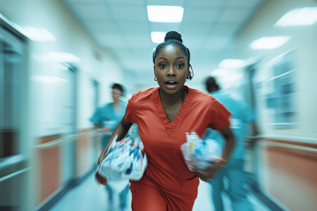 A young Black nurse racing through the emergency room, carrying essential medical supplies. Her determined expression highlights the urgency of the situation as doctors work to save a life nearby.の素材