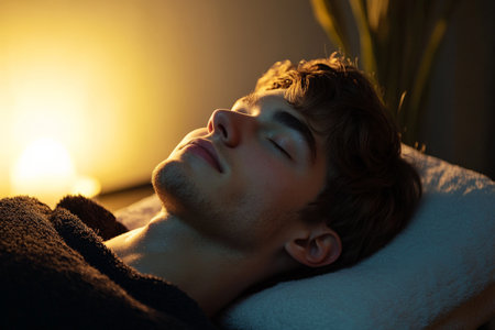 A young man relaxing on a plush treatment table in a minimalist spa, soft lighting illuminating his serene expression as he enjoys a rejuvenating facial treatment with natural skincare products.の素材