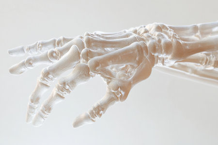 A close-up view of a translucent 3D model of the human wrist, highlighting the transparent bones and intricate anatomical structures in a clean, minimalistic design, set against a soft white background for clarity.の素材