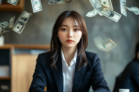 A young adult Japanese woman in a tailored suit sits at a modern desk, with money elegantly flying behind her. Her determined look signifies ambition, with a high-end office environment adding to the professional atmosphere.の素材