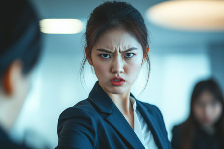 A fierce young Asian woman in a stylish blazer and dress pants, her angry expression showing determination as she leads a discussion in a modern conference room.の素材