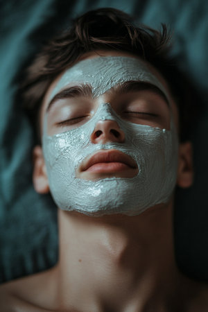 A young man with a mask on his face enjoying a rejuvenating facial treatment in a tranquil spa environment, minimalist design elements creating a peaceful oasis for relaxation.の素材