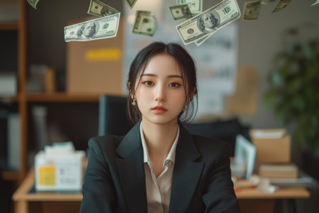 A young adult Japanese woman in a fashionable suit sits at her desk, with money flying behind her. Her ambitious look signifies her career goals, with a modern office background amplifying the professional vibe.の素材