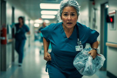 A dynamic shot of a middle-aged Hispanic nurse sprinting with medical supplies toward a patient in distress in the emergency room. The atmosphere is tense, showing the urgency and teamwork of healthcare professionals.の素材