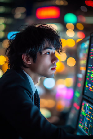 A young adult Japanese stock trader, wearing a crisp suit, intensely focused on trading activity on his screen, with a colorful neon-lit city skyline visible behind him, showing the vibrant energy of Wall Street.の素材
