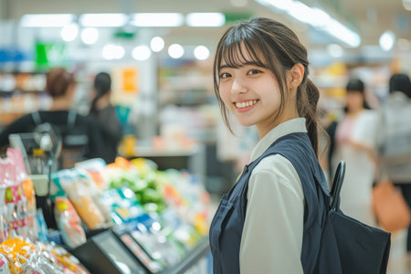 A young adult Japanese female cashier stands proudly at her checkout station, smiling as she rings up items. The background is filled with colorful products and cheerful shoppers, enhancing the friendly ambiance of the supermarket.の素材