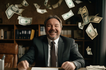 A middle-aged Caucasian man in a crisp suit smiles as he sits at his desk, with money flying behind him. The office background features elegant furniture and motivational quotes, symbolizing his journey to success in the corporate world.の素材
