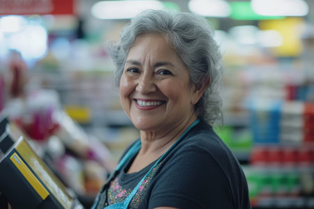 A senior Hispanic supermarket cashier, with gray hair pulled back, smiles warmly at her checkout station. The bright store background displays an array of products, reflecting her years of experience and dedication to customer care.の素材