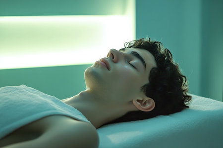 A young man lying on a treatment table in a modern spa, with a serene expression as he enjoys a facial, surrounded by soft colors and calming elements that create a peaceful atmosphere.の素材